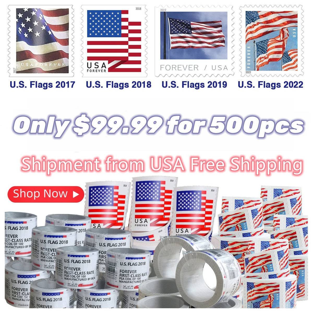 limited time deal: $89.99 for 5 rolls(500 forever stamps) 2017/2018/2019/2022 flag limited time deal: $89.99 for 5 rolls(500 forever stamps) 2017/2018/2019/2022 flag